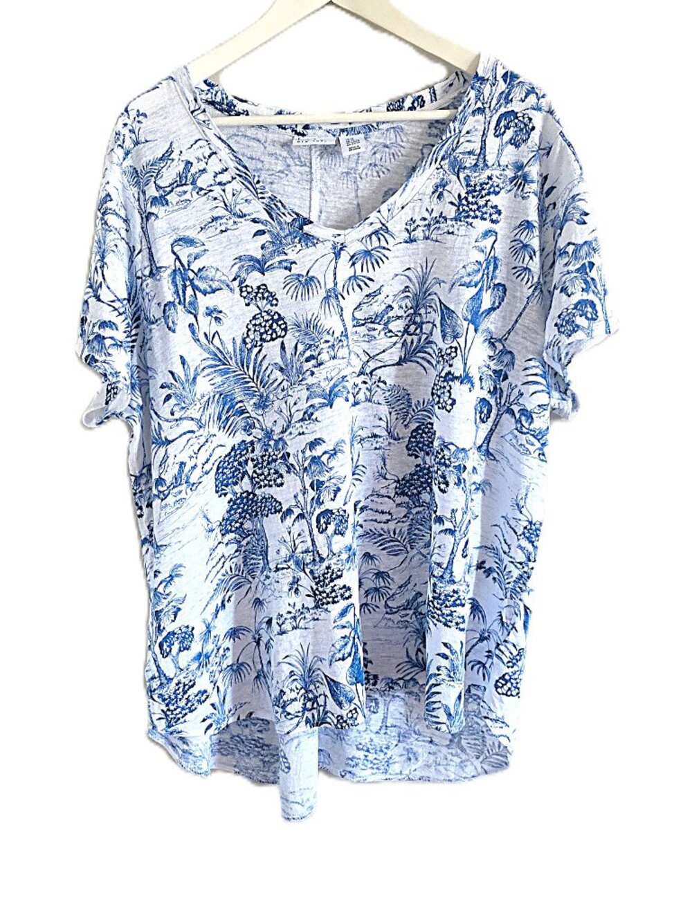 Nicole Miller blue & white linen toile t-shirt
